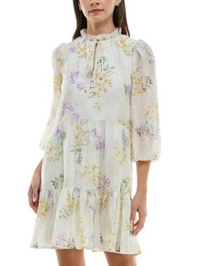 Taylor Ivory Floral Ruffle Tie-Front Mini Dress